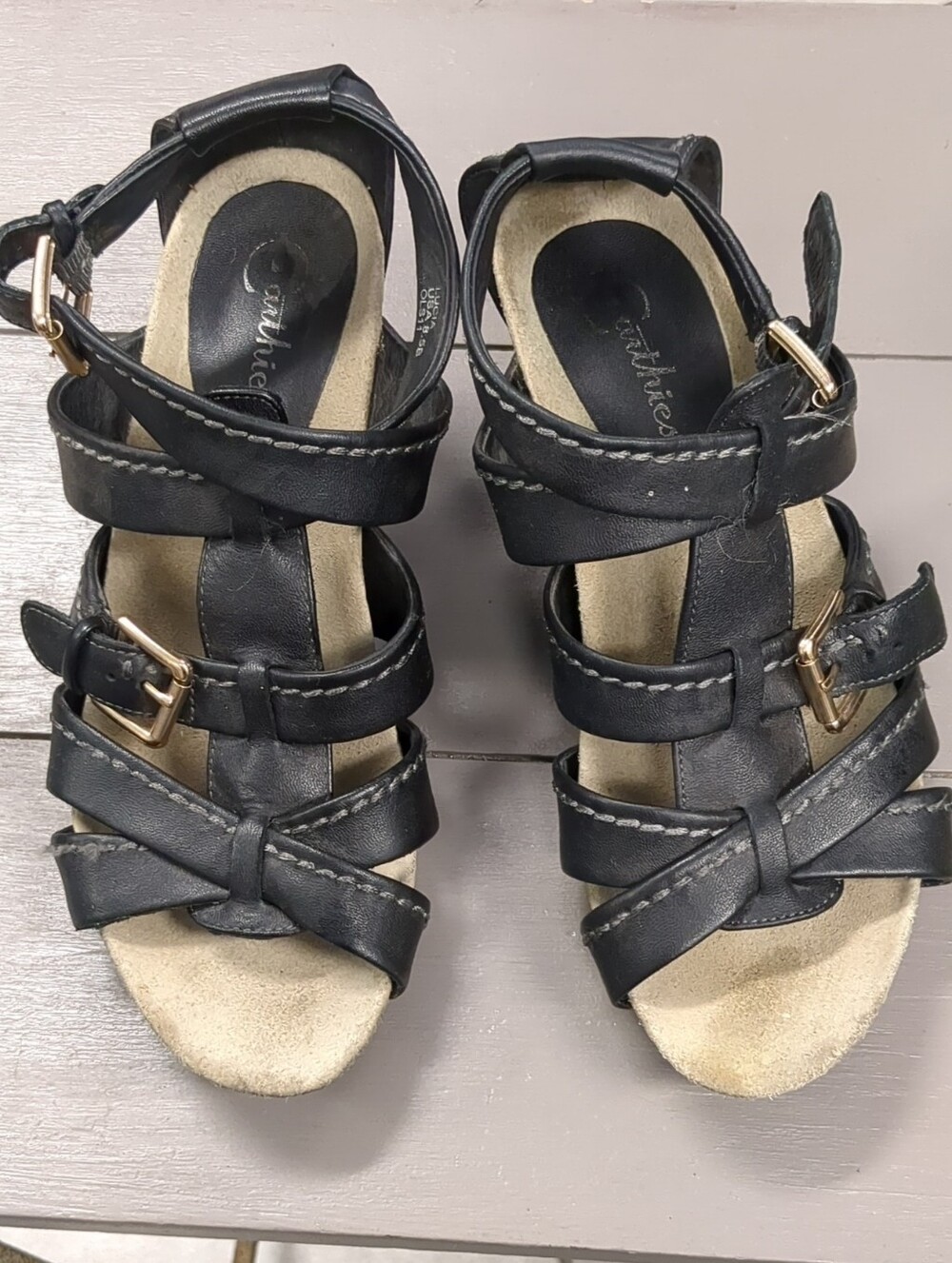 Earthies Black Multi-Strap Wedge Sandals